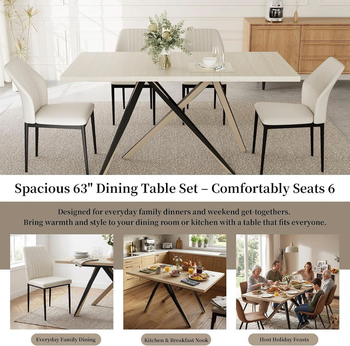 7-Piece Dining Table Set for 6, Natural Table + 6 Beige Chairs