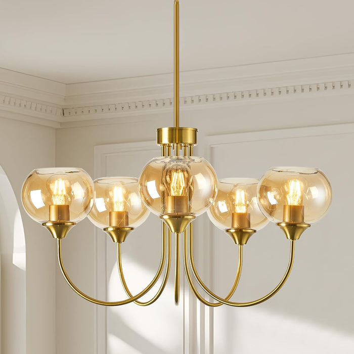 Translucent Amber Glass Five Light Globular Chandelier