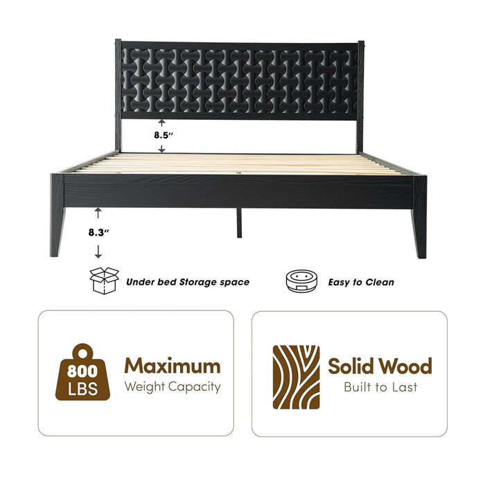 King Size Bed Frame, Solid Wood Platform Bed with Headboard & Footboard, 12 Sturdy Slatted, Central Metal Legs, Easy Assembly, Anti-Slip & Noise-Free, No Box Spring Needed, Ebony Oak Finish ORK-35