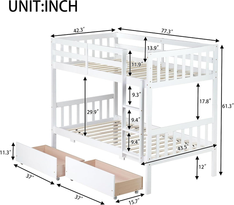Twin over Twin Wood Bunk Bed with 2 Drawers for Girls,Boys,Convertible into 2 Beds,Wood Bunk Bed with Ladder and Safety Guardrails,No Box Spring Needed, White