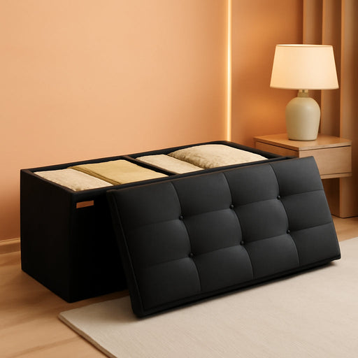 MAZIE Collection - 43 Inches Folding Storage Ottoman Bench, Ottoman Foot Rest, End of Bed Bench, Storage Chest, Load 660 Lb, for Living Room, Bedroom, Entryway, Ink Black ULSF077B01