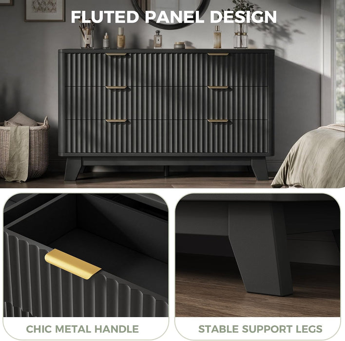 Fluted 6 Drawer Dresser for Bedroom, Modern Chest of Drawers with Metal Handle, Wooden TV Stand with Curved Profile Design, Closet Clothes Storage Organizer for Living Room/Hallway (Black)