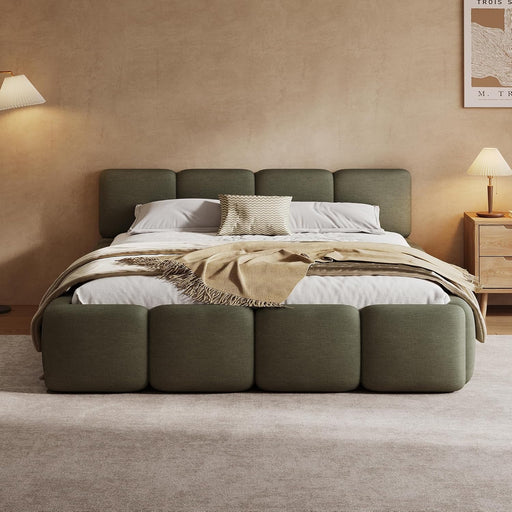Queen Size Boucle Platform Bed with Thick Headboard and Footboard, Block Style Upholstery Grounded Bed Frame, Green