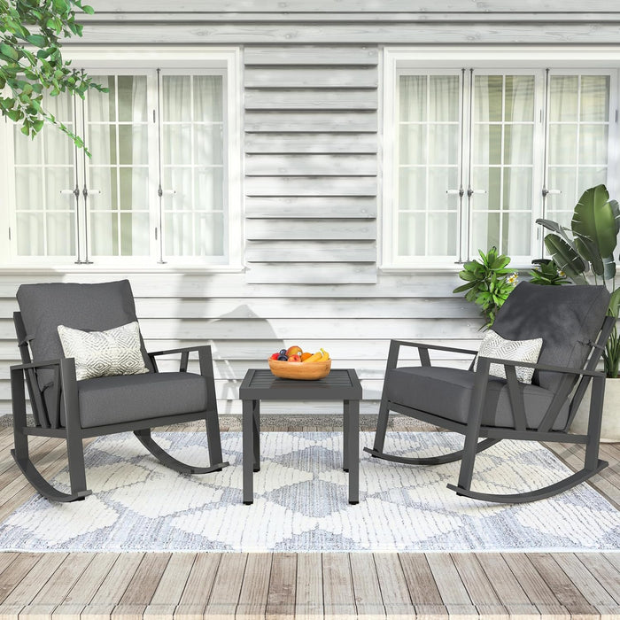 Patio Porch Furniture Set, Patio Outdoor Rocking Chairs Set of 2 with Coffee Table, 3 Piece Metal Outdoor Patio Furniture Set, Small Patio Bistro Conversation Set, Grey