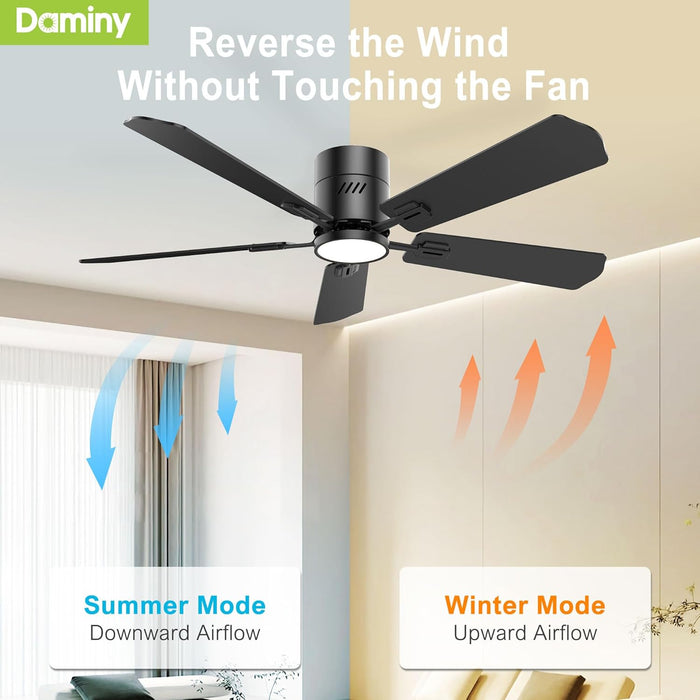 52 Inch 5 Blades Black Ceiling Fans with Lights,Flush Mount,6Cct, Low Profile Ceiling Fan with Light and Remote Control,Dc Motor,Ceiling Fan for Bedroom, Kitchen,Living Room,Indoor/Outdoor Use