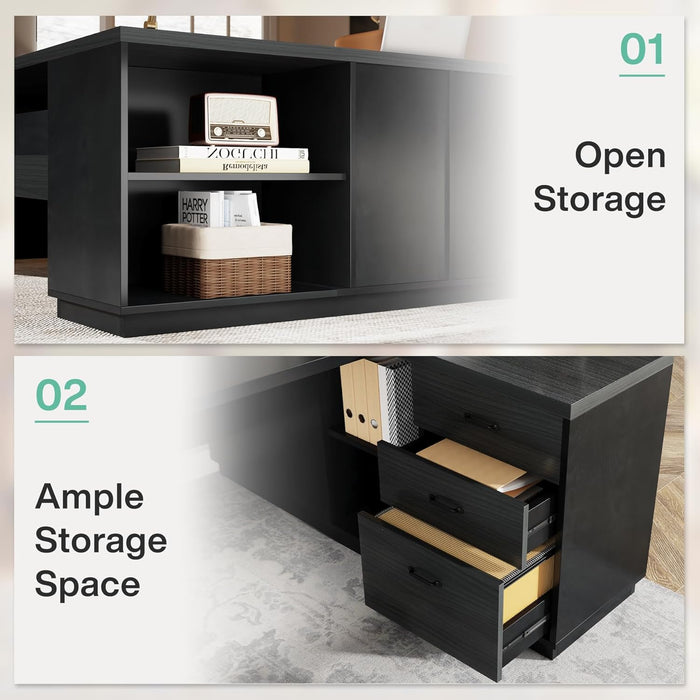 78" L-Shaped Executive Desk, Large Modern Office Desk with Drawers and Lateral File Cabinet, Business Furniture with Storage Shelves, Big Computer Desk for Home Office (Grey + Blcak)