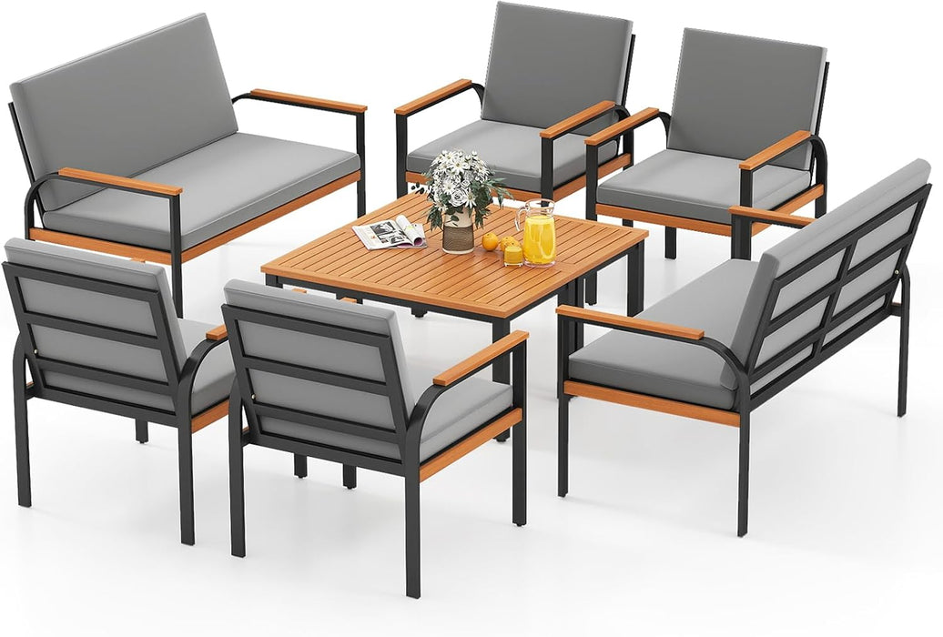 8 Pieces Patio Furniture Set, Outdoor Conversation Set with Acacia Wood Coffee Table, Cushioned Loveseat & 2 Single Armrest Chairs, for Porch, Garden, Backyard, Poolside