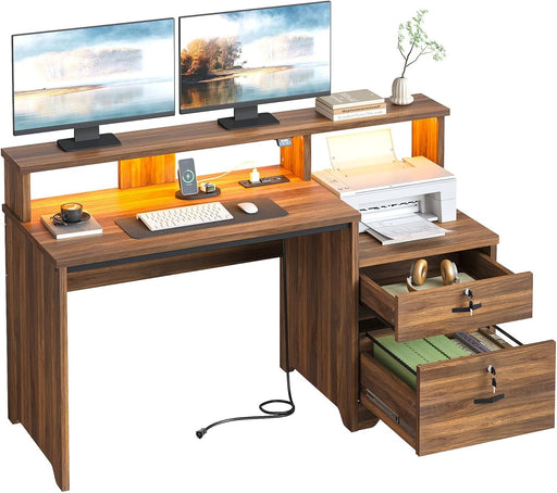 55 Inch Wood Computer Desk with Lockable File Drawer, Charging Station & LED Lights - Home Office Desk with Storage Shelves, Printer Shelf & Monitor Stand, Wooden Desk for Study & Work, Walnut