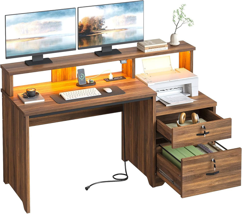 55 Inch Wood Computer Desk with Lockable File Drawer, Charging Station & LED Lights - Home Office Desk with Storage Shelves, Printer Shelf & Monitor Stand, Wooden Desk for Study & Work, Walnut