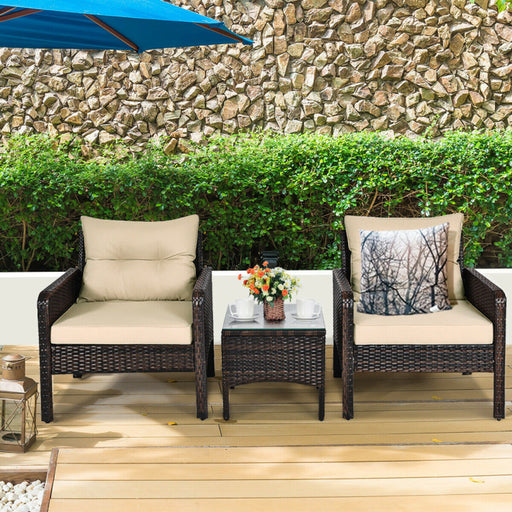 3 Pieces Outdoor Patio Rattan Conversation Set with Seat Cushions