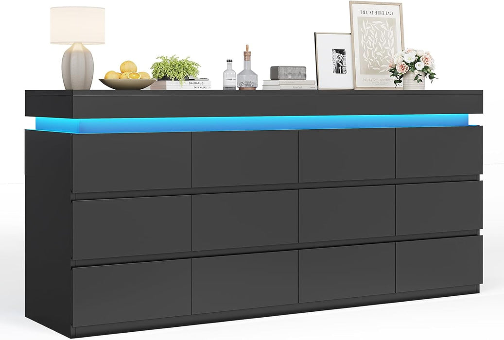 12 Drawer Dresser with LED Light, Black Modern Chest of Drawers for Bedroom,Long Dresser with Drawers for Living Room, Entryway, Hallway