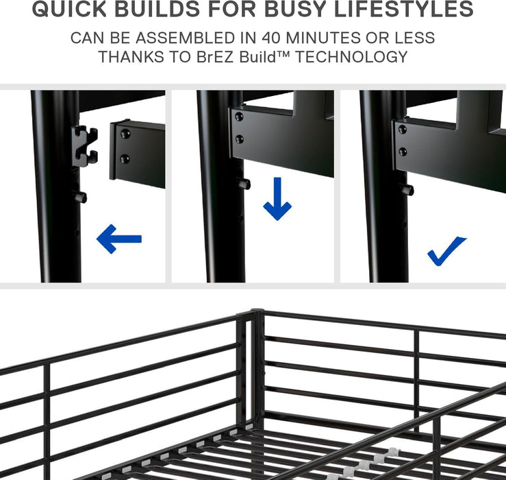 Daven Easy Assembly Metal Bunk Bed for Kids, Teens and Adults, with Ladder, High Guardrail, Metal Slats, Smooth Rounded Edges, No Boxspring Required, Twin-Over-Twin, Black