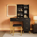 Black Makeup Vanity Desk with Lighted Mirror, 3 Color Modes & Power Outlets, 4 Drawers and 5 Shelves Dressing Table with Cushioned Stool, Modern Vanity Set for Women, Bedroom & Bathroom