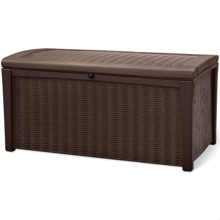 Outdoor Storage Deck Box, for Patio, Backyard & Garden, Borneo, 110 Gallon, Brown - Lockable, Organizing, and Waterproof Plastic Container Bench