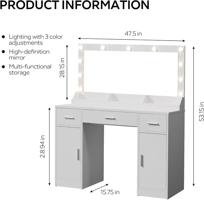 47.5” Vanity Desk with Large Mirror, 3 Colour Lighting Modes, Adjustable Brightness, Dresser with 3 Drawers & 2 Vertical Cabinets, Makeup Vanity Table for Women Girls