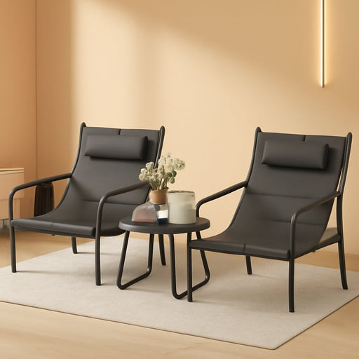 3 Piece Outdoor Bistro Set, Patio Metal Chair & Coffee Table, Breathable Seat Fabric & Cozy Headrest, Metal Conversation Set for Yard, Front Porch, Poolside (Gray)