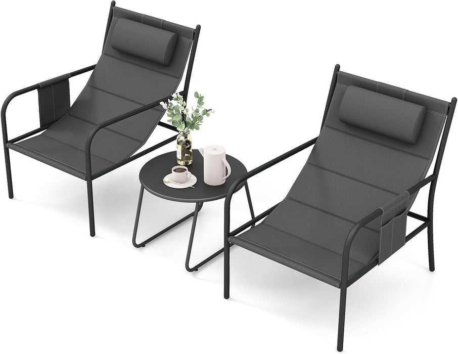 3 Piece Outdoor Bistro Set, Patio Metal Chair & Coffee Table, Breathable Seat Fabric & Cozy Headrest, Metal Conversation Set for Yard, Front Porch, Poolside (Gray)