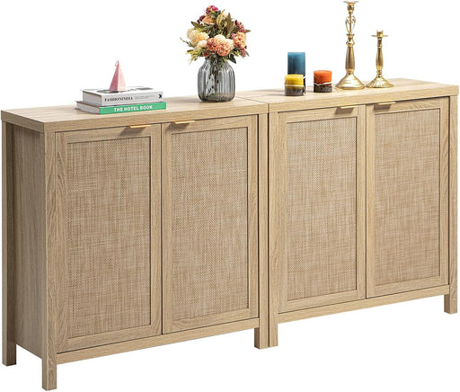 Sideboard Buffet Rattan Cabinet - Boho Larger Credenza Kitchen Storage Cabinet with Rattan Storage - Accent Buffet Console Table for Dining Room Hallway - 2 Pieces (Natural)