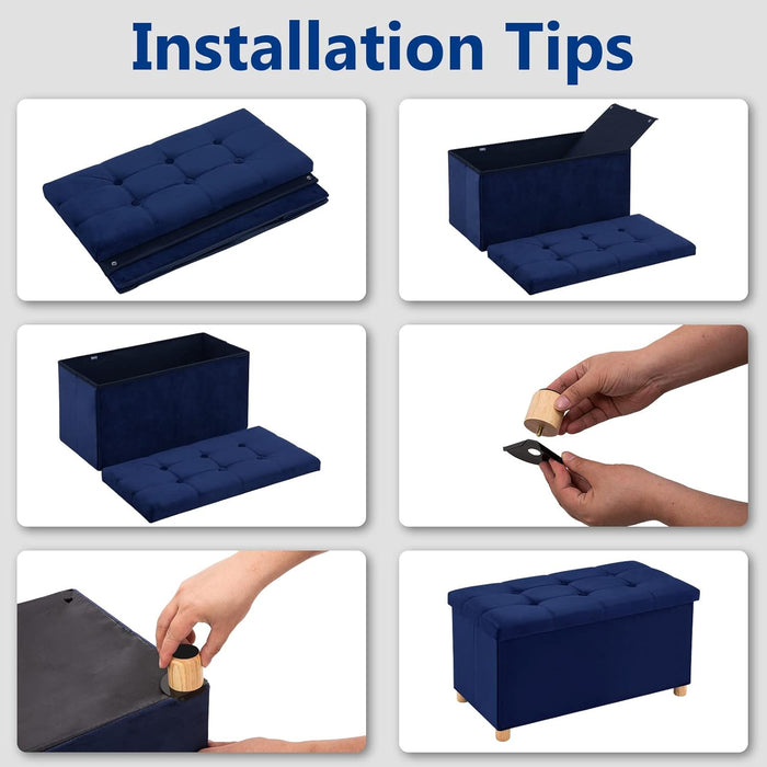 30 Inches Folding Storage Ottoman Bench, Velvet Storage Chest, Footrest Couch with Wooden Legs, Support 350Lbs for Bedroom, Living Room, Hallway, Navy Blue