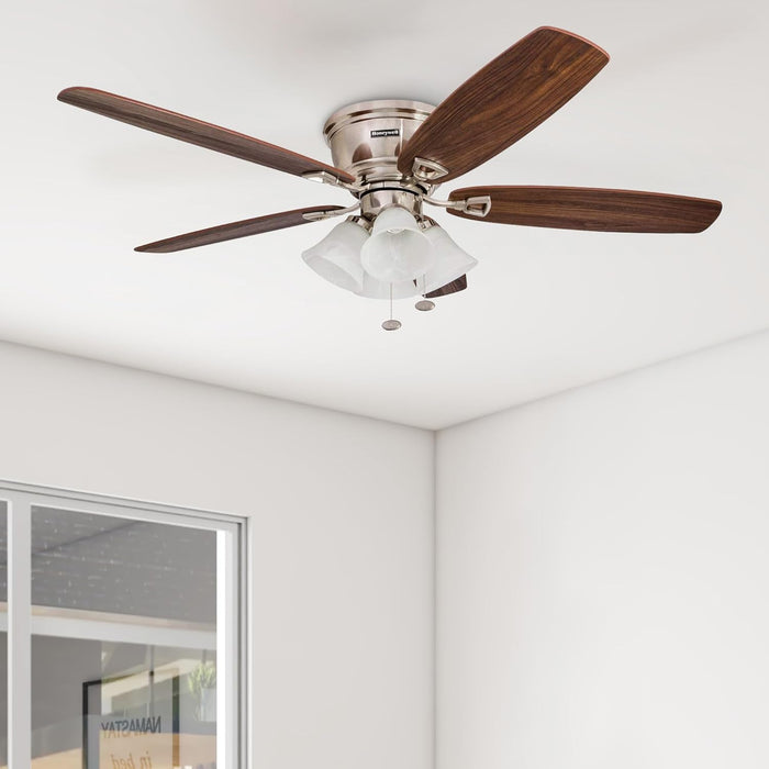 Ceiling Fans Glen Alden, 52 Inch Classic Flush Mount Indoor LED Ceiling Fan with Light, Pull Chain, Quick-2-Hang Dual Finish Blades, Reversible Motor - 50182 (Brushed Nickel)