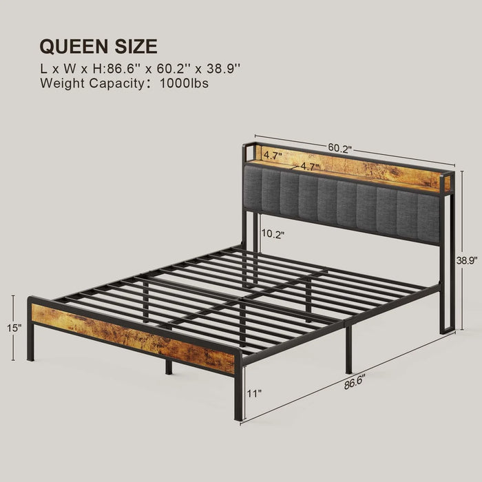 Queen Size Bed Frame with Upholstered Storage Headboard and Wooden Footboard, Under-Bed Storage and Noise Free Design, Gray