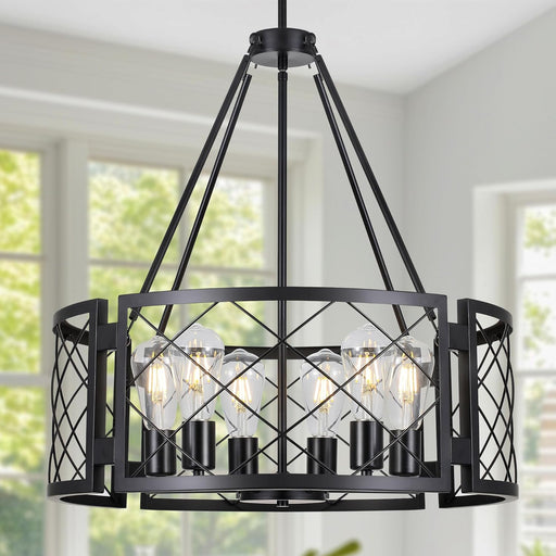 6-Light Farmhouse Chandelier Black Drum Pendant Light