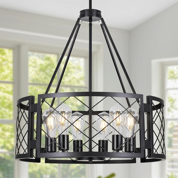 6-Light Farmhouse Chandelier Black Drum Pendant Light
