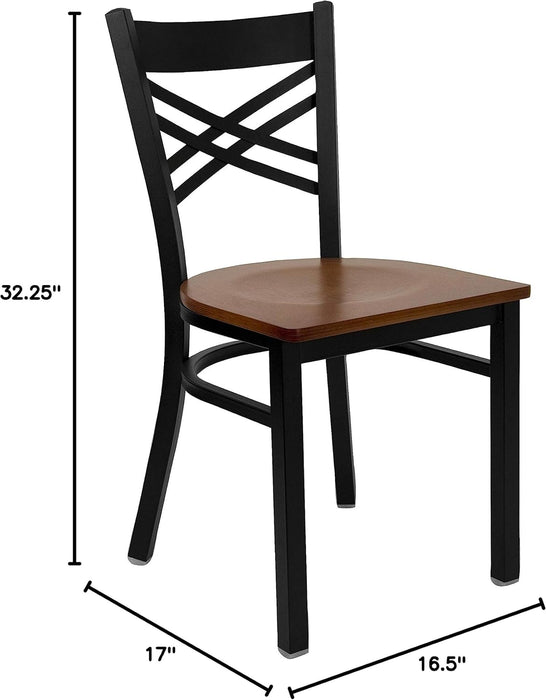 2 Pk. HERCULES Series Black ''X'' Back Metal Restaurant Chair - Cherry Wood Seat