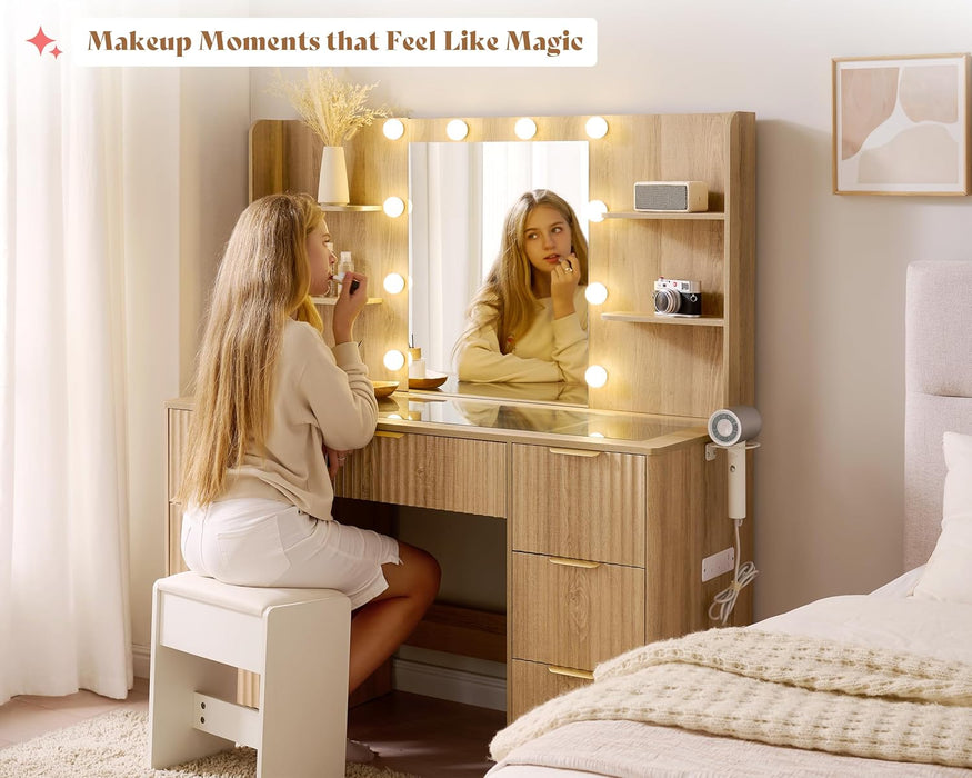 47.2" Fluted Vanity Desk with Mirror and Adjustable LED Lights, Large 7 Drawers Makeup Table with Glass Top and Charging Station for Women and Girls, Bedroom or Dorm, Natural Oak