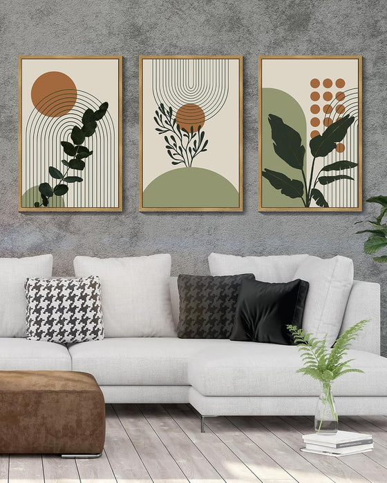 Boho Plant Wall Art Green Botanical Bohemain Framed Wall Printing 24X36In Abstract Canvas Prints with Leaf & Sun Lines Bedroom Living Room Decor - Natural Framed