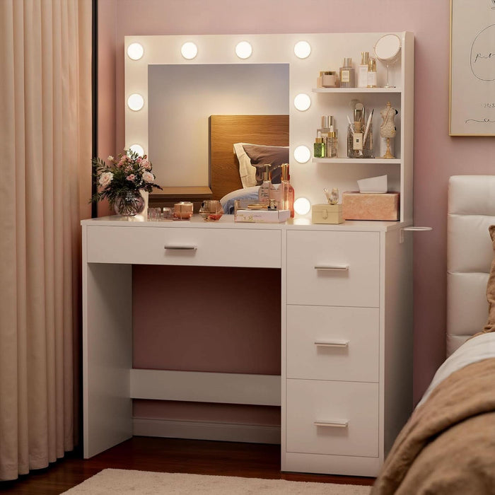 Vanity Desk with LED Lighted Mirror&Power Outlet, Makeup Vanity Table with 4 Drawers, 3 Open Storage Shelves, and 3 Color Modes, for Bedroom (Pure White)