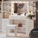 58.3" Large Vanity Desk with Mirror, Lights, 10 LED Lights, 8 Sliding Drawers, 2 Cabinets, Stool, Power Outlet, 3 Lighting Modes