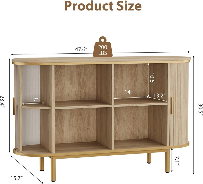 Console Table with Sliding Tambour Doors, 47" TV Stand with Storage & Adjustable Open Shelves for Tvs up to 55", Modern Entryway Table for Living Room, Foyer, Hallway, Natural Oak