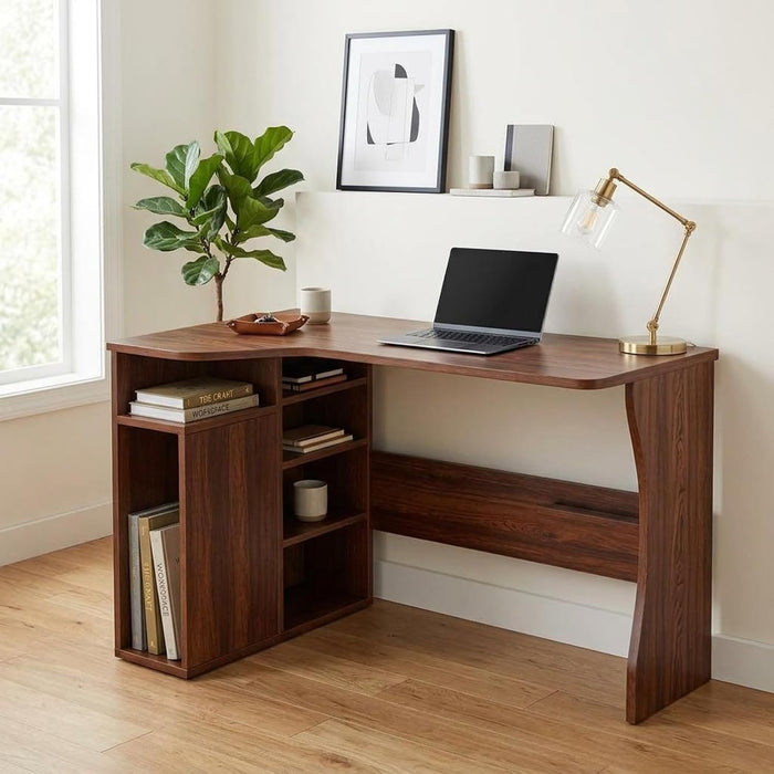 L Shaped Desk with Storage Shelves, Small Corner Desk for Small Spaces, Corner Table with 3 Tier Shelves, Home Office, Writing Study Gaming Desk, Walnut Wood