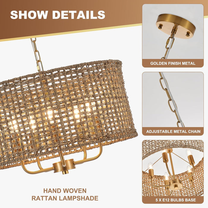 Golden Handwoven Rattan Drum Chandelier Dining Room
