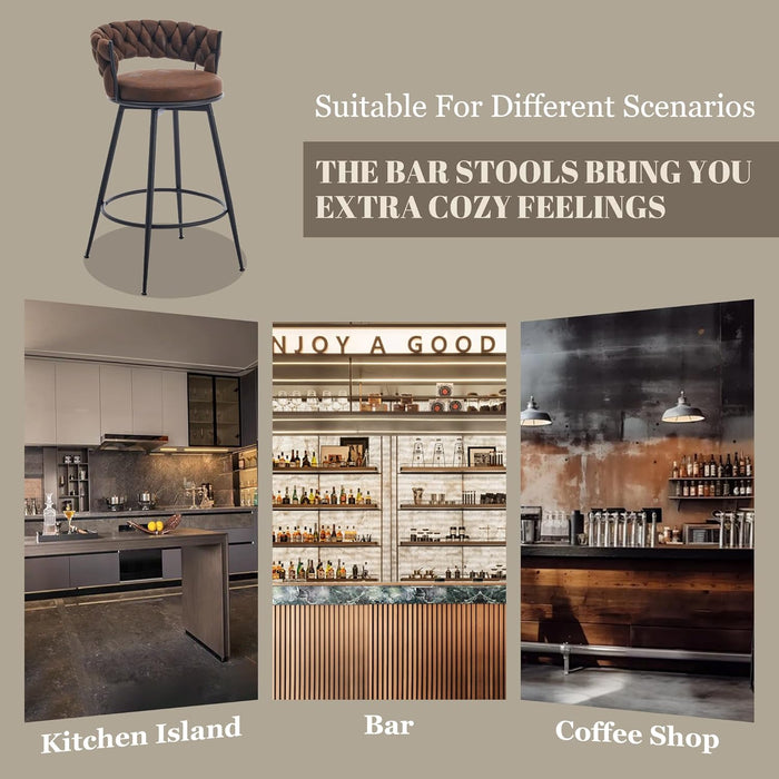 Swivel Bar Stools Set of 2, 28 Inches Modern Counter Height Bar Stools with Woven Back, Upholstered Suede Tall Barstools for Kitchen Island, Cafe, Dark Brown