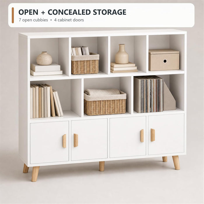 11-Cube Bookcase with Doors, 3-Tier Storage Cabient, Warm White | Solid Wood Legs and Door Handles, Cubby Shelf with 4 Doors, Fits 11×11" Bins for Home & Office