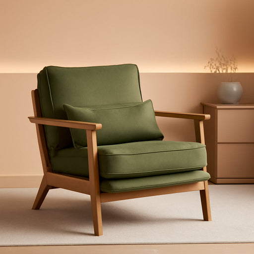 Accent Chair Wide Armrest Mid-Century Lounge Chair Linen Fabric Armchair with Lumbar Pillow & Solid Wood Frame for Living Room, Bedroom, Balcony, Green