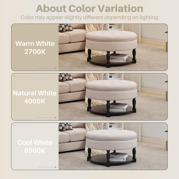 31.5" Large round Storage Ottoman, Upholstered Tufted Linen Ottoman Coffee Table, Large Footrest with Solid Wooden Legs Wood Shelf Storage, Side Table for Living Room Bedroom Office, Beige