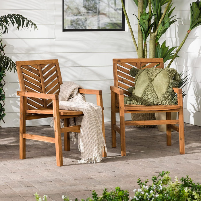 2 Piece Outdoor Patio Chevron Wood Chair Set All Weather Backyard Conversation Garden Poolside Balcony, Set of 2, Brown