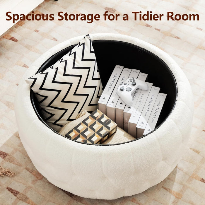 Large round Storage Ottoman Coffee Table with Wooden Tabletop, 30.5 Inches Teddy Fleece Tufted Ottoman for Living Room, Bedroom, Apartments, White