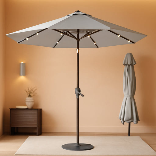 10FT Outdoor Patio Umbrella with Solar Lights, Market Table Umbrella with Push Button Tilt & Crank, 8 Sturdy Ribs, 32 LED Lights, UV Protection for Garden Lawn Deck Backyard Pool (Light Grey)