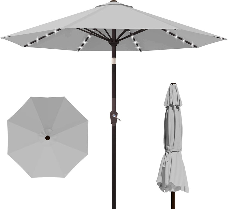 10FT Outdoor Patio Umbrella with Solar Lights, Market Table Umbrella with Push Button Tilt & Crank, 8 Sturdy Ribs, 32 LED Lights, UV Protection for Garden Lawn Deck Backyard Pool (Light Grey)