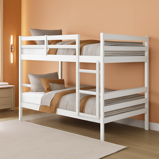 Twin over Twin Bunk Beds, Wood Convertible Two Beds, Solid Rubberwood Bunk Bed with 1 Pcs Built-In Ladder and Safety Rails, No Box Spring Needed, Space Saving Bed Frame for Bedroom (White)