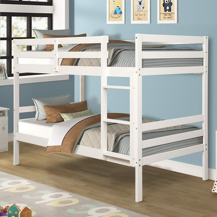 Twin over Twin Bunk Beds, Wood Convertible Two Beds, Solid Rubberwood Bunk Bed with 1 Pcs Built-In Ladder and Safety Rails, No Box Spring Needed, Space Saving Bed Frame for Bedroom (White)