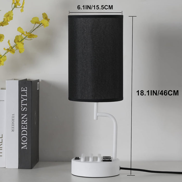 Table Lamp with 3 USB Charging Ports, Modern Desk Lamp with AC Outlet and Phone Stands, Perfect Bedside Lamp for Bedroom, Living Room, Office (Pack of 2), White&Black
