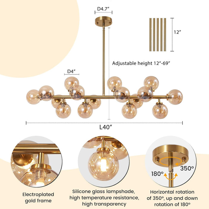 Gold Rectangular Chandelier With Amber Glass Globe