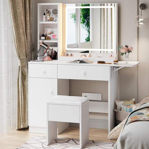 White Vanity Desk with Mirror and Lights, Makeup Vanity with Charging Station and 3 Lighting Modes, Dressing Table Set with Storage Cabinet, Drawers and Chair for Girls Bedroom