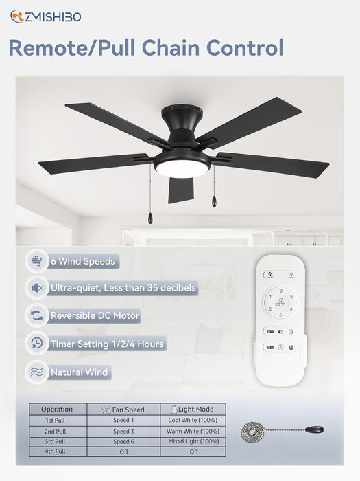 52Inch Ceiling Fans with Lights, Low Profile Ceiling Fan with Pull Chain and Remote Control, Flush Mount, Reversible, Dimmable, Noiseless, Black Pull Cord Ceiling Fan for Bedroom