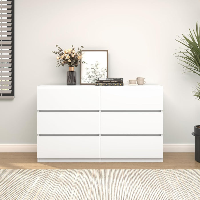6 Drawer Dresser for Bedroom, Modern White Chest of Drawers No Handles Large Storage, Wood Dressers with Wide Drawers for Closet, Living Room, Home Office(43.3" W X13.4 Dx 26.4" H)